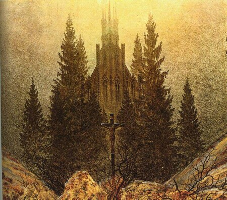 Obraz Caspara Davida Friedricha "Kříž v horách", kol 1812, je pěkným příkladem romantického propojování přírody a díla lidských rukou, přírody a duchovna i tajemna.