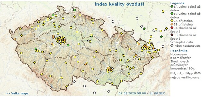 Na snímku je znázorněna kvalita ovzduší v ČR ke dni 7.5.2020.