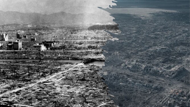 Jako kdyby každých 14 dní na Ukrajině vybuchla jedna Hirošima. Na snímku vlevo atomovou bombou zničená Hirošima, na snímku vpravo ukrajinská Marinka zničena dělostřeleckými granáty.