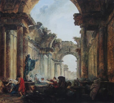 Asi nejznámějším malířem zřícenin byl Hubert Robert, ředitel galerie v Louvru, který si namaloval dokonce zříceniny své vlastní instituce. Na obrázku jeho malba Pohled na zříceniny velké galerie v Louvru z roku 1796.