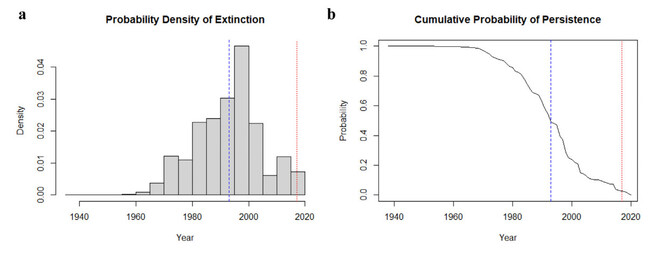 Simulovaná data vyhynutí pro vakovlka v Tasmánii. a) Distribuce pravděpodobnosti a hustoty odvozeného posledního skutečného pozorování na základě pravděpodobnostního převzorkování všech 1237 exemplářů a pozorování od roku 1910 do roku 2019. b) Odvozená kumulativní pravděpodobnost přetrvávání v daném kalendářním roce, jak je odvozena z rozložení zobrazeného v a.