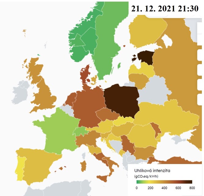 Emisní mapa ze současného bezvětrného zimního období jasně ukazuje, že nízkoemisní jsou státy, které využívají kombinaci jaderných a obnovitelných zdrojů nebo mají extrémně vhodné podmínky pro vodní elektrárny. Německo má i přes masivní investice do OZE vyšší emise než Česko.