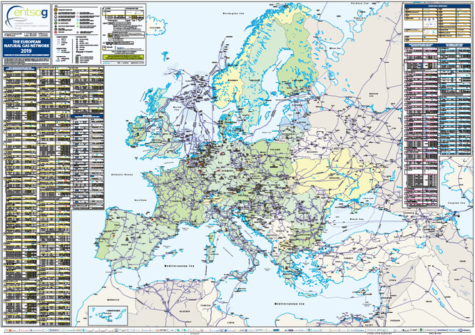 Schematické znázornění existující sítě evropských plynovodů. Pdf v plném rozlišení je k dispozici na webu ENTSOG.
