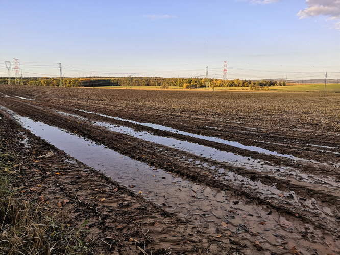 Přejezd těžké zemědělské techniky zhutní půdu natolik, že se nevsakuje celé dny po dešti. Přeštice, podzim 2020. Ilustrační snímek.