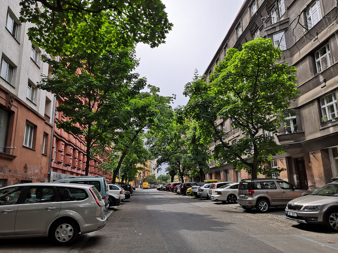 V Praze je povolené částečné parkování na chodníku, které na některých místech výrazně zužuje prostor chodníku.