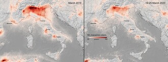 Mapa - Koncentrace oxidu dusičitého nad Itálií 2019 vs. 2020.