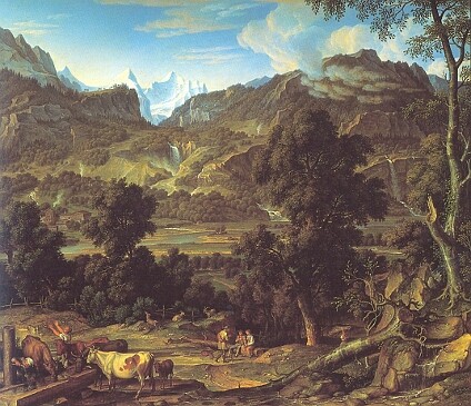 Zájem o hory se zpočátku soustředil především do Alp. Na obrázku Bernské Alpy na malbě Josepha Antona Kocha z roku 1815
