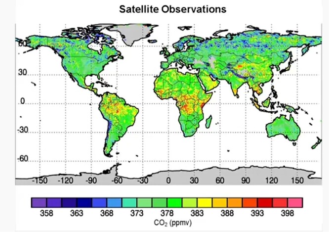 Koncentrace CO2 ze satelitních měření (Salby 2011)