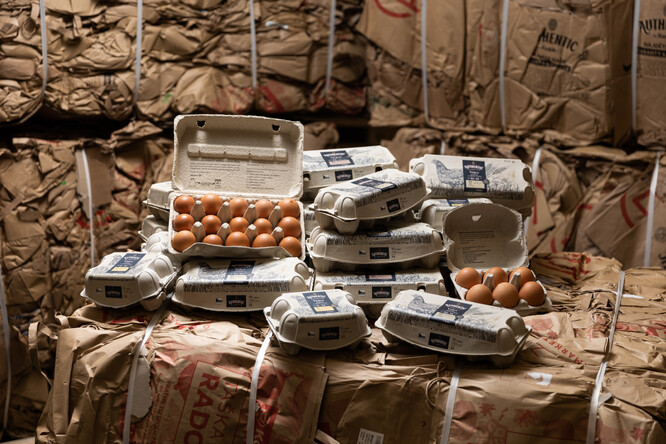 Papírové odpady připravené k odvozu ze skladu Košíku a plata na vejce, která se z papíru budou vyrábět.