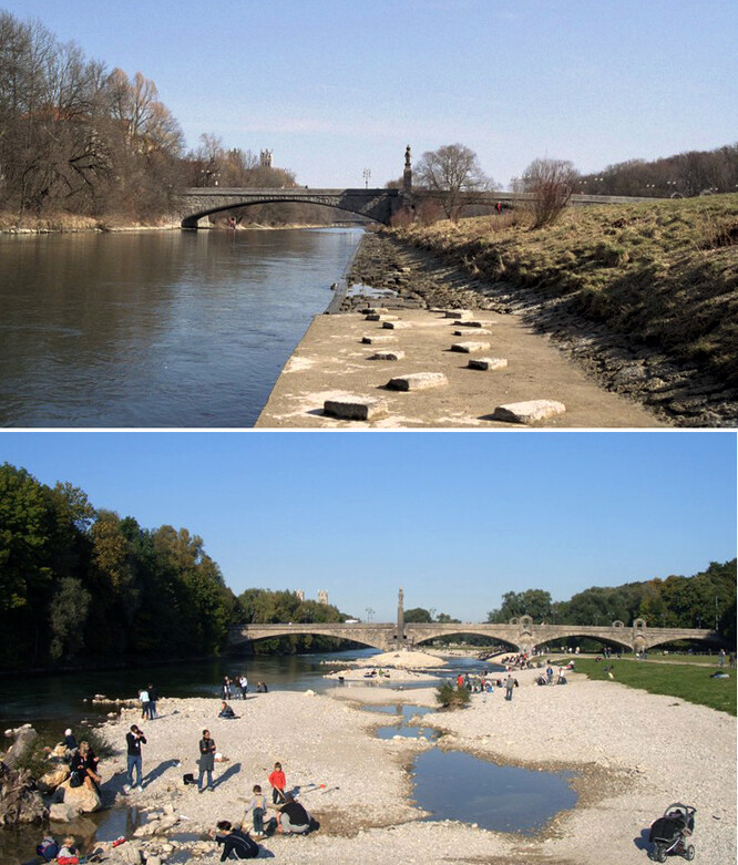 Řeka Isar v Mnichově před revitalizací a po ní.