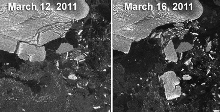 Srovnání ledového příkrovu před a po příchodu tsunami.
