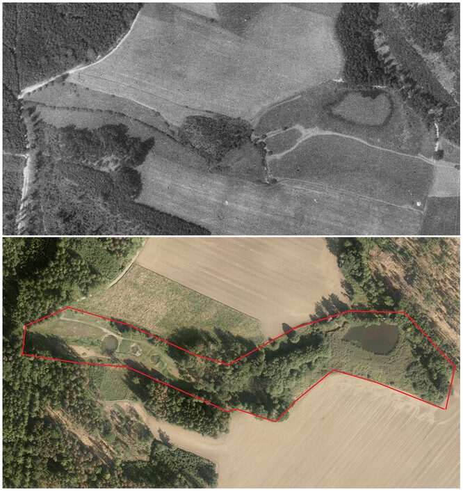Lokalita Lesnovských mokřadů na historickém leteckém snímku (1953) a na leteckém snímku (podzim 2018).