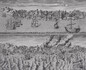 Rytina z roku 1755, která zachycuje Lisabon jak před katastrofou v roce 1755, tak v jejím průběhu.