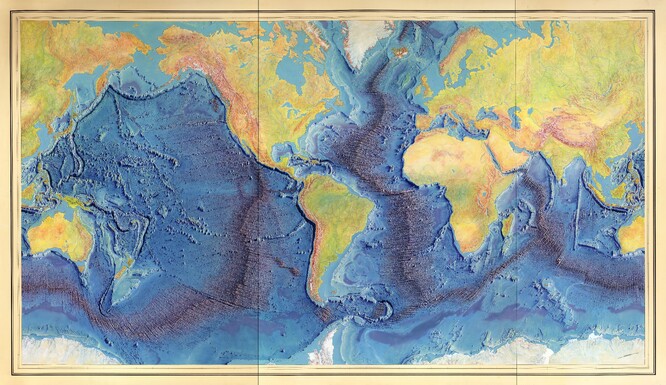 Malba oceánského dna od Heinricha Beranna podle vědeckých podkladů od Marie Tharp a Bruce Heezena (1977).