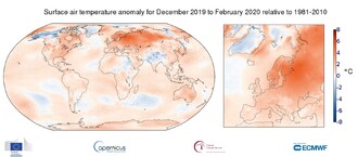 Mapa 1 - Srovnání anomálie teploty vzduchu v zimě od prosince 2019 - února 2020 ve srovnání s roky 1981-2010.