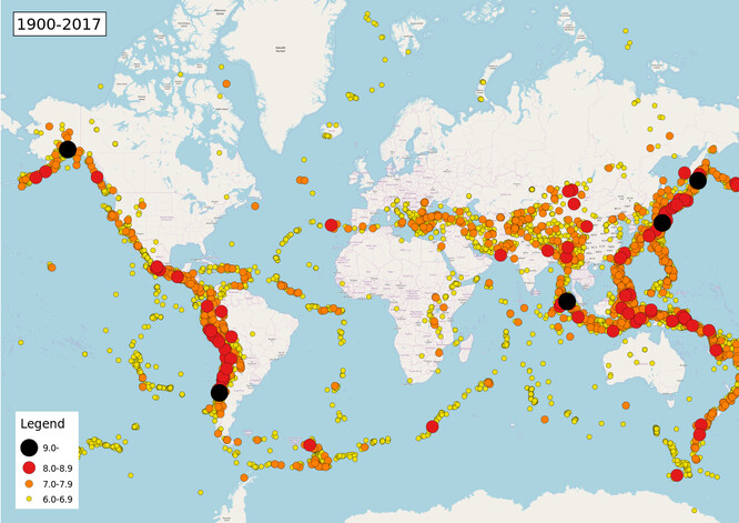 Mapa zemětřesení od roku 1900 do roku 2017