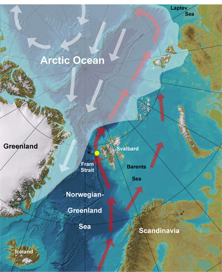 Mapa proudění k Arktidě - červeně jsou označeny směry, jimiž tam proudí teplé proudění, žlutým bodem místo výzkumu.