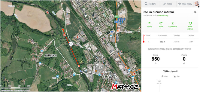 Měření vzdálenosti od výtoku pod jez Juřinka II Měření vzdálenosti od výtoku pod jez Juřinka II