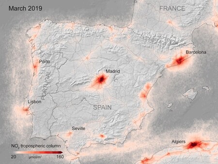 Opatření zavedená ve snaze zmírnit šíření koronaviru vedla ke zlepšení kvality ovzduší v Evropě. / Na snímku koncentrace oxidu dusičitého ve Španělsku v roce 2019