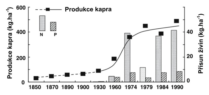 Obr. 3: Vyšší přísun živin (dusíku N a fosforu P) do rybníků především v druhé polovině minulého století způsobil vysoký nárůst produkce kapra (převzato a upraveno z Potužák et al. 2007).