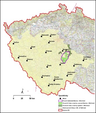 Obrázek 1 : Vyznačené povodí Vltavy spolu s rozvodnicí vlašimské Blanice