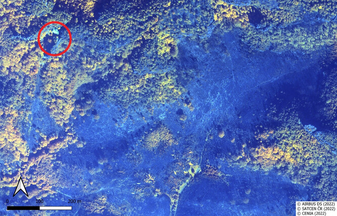 Okolí Pravčické brány z družice Pleiády NEO z 4.8., neshořelé části jsou barevně obarvené nepravými barvami.