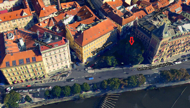 Umístění javoru v centru Prahy.