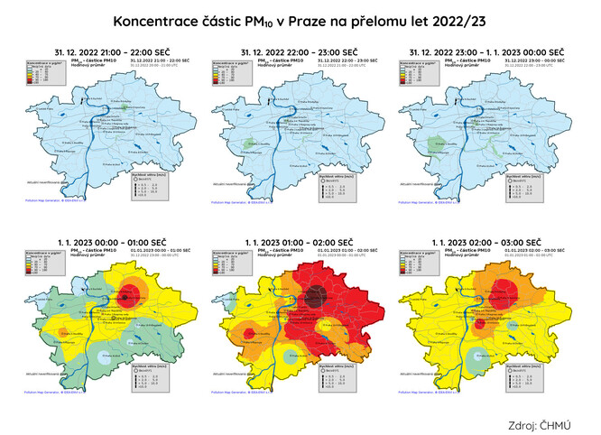 Koncentrace částic PM10 v Praze na přelomu let 2022/23