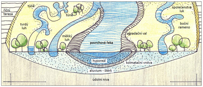 Schéma říční krajiny, ilustrace Klára Salzmann na základě konceptu říční krajiny Otakara Štěrby.