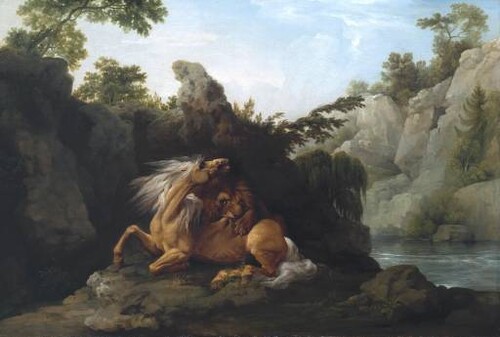 Obraz George Stubbse "Horse Devoured by a Lion" (česky "Lev požírající koně"), vystaveno 1763