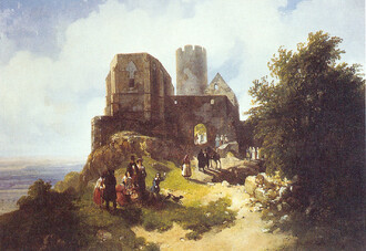 Hory jako vznešené ruiny dávných dob se často ve spojení se zříceninami hradů dostaly do repertoáru romantických umělců. Tady je zobrazen Bezděz na malbě T. Endera z roku 1830.