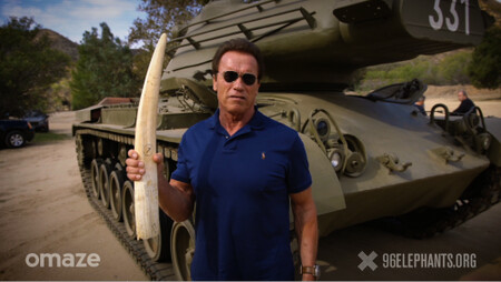 „Přestaňme zabíjet denně šestadevadesát slonů jen kvůli tomuhle, vypořádejme se s poptávkou po slonovině jednou provždy,“ říká Schwarzenegger krátce před tím, než stiskne tlačítko detonátoru.