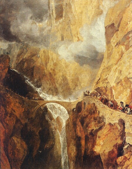 Dramatické scenérie byly mezi romantiky oblíbené. Navazovaly na preference divokých typů terénů vzrůstající během celého 18. století. Na obrázku &quot;Ďáblův most v průsmyku Sv. Gottharda&quot;, jehož autorem je  J. W. M. Turner, kolem 1803-4.