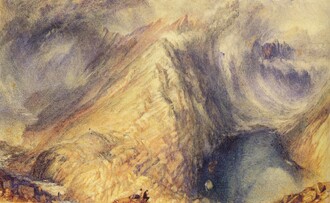 J. M. W. Turner, "Loch Coruisk". Turnerovy smělé, živly zmítané scenérie, někdy zobrazující spíše smrště větru či vody než pevnou zemi, měly podklad v jeho zkušenostech cestovatelských i horolezeckých. Prý se dokonce nechával přivazovat na stožár lodě, aby si lépe bouři na moři mohl vychutnat.