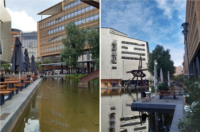 Obr. 28. Restaurace těsně na břehu městského jezera na Potsdamer Platz. Obr. 28. Restaurace těsně na břehu městského jezera na Potsdamer Platz.