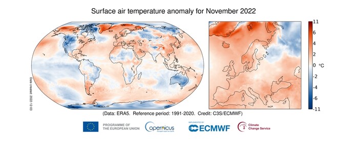 Anomálie přízemní teploty vzduchu pro listopad 2022 ve vztahu k listopadovému průměru za období 1991-2020. Zdroj dat: ZDROJ DAT: ERA5.