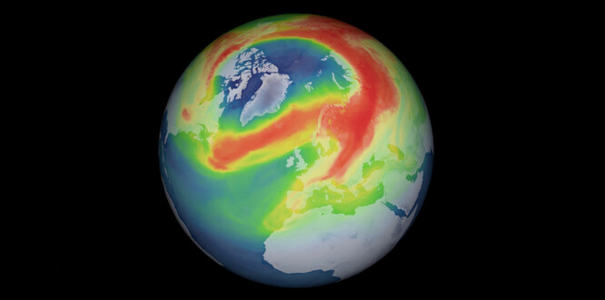 Úrovně ozonu nad Arktidou v období od 9. března 2020 do 1. dubna 2020.