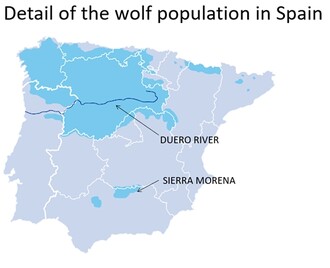 Mapa výskytu vlků ve Španělsku. Na jih od řeky Douro se vlci lovit nesměli.