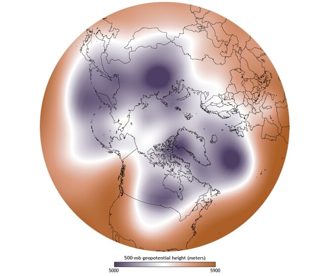 Na ilustračním snímku zvlněná konfigurace polárního víru 5. ledna 2014.