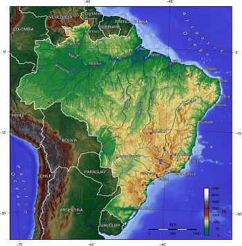 Topografická mapa Brazílie. 